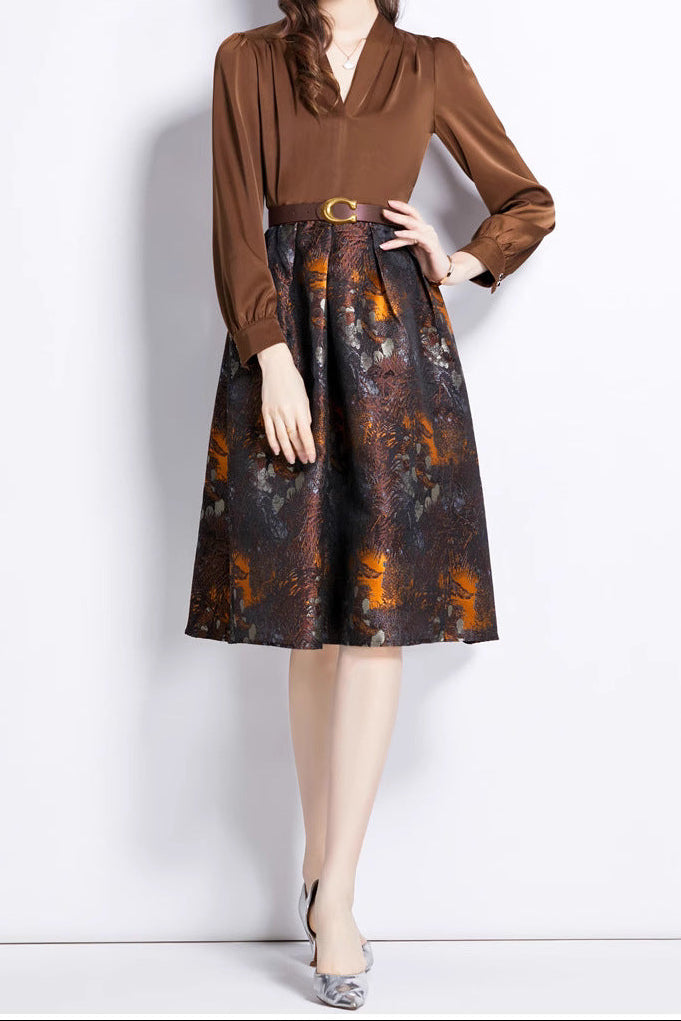 Deep V-neck patchwork jacquard puffy maxi dress