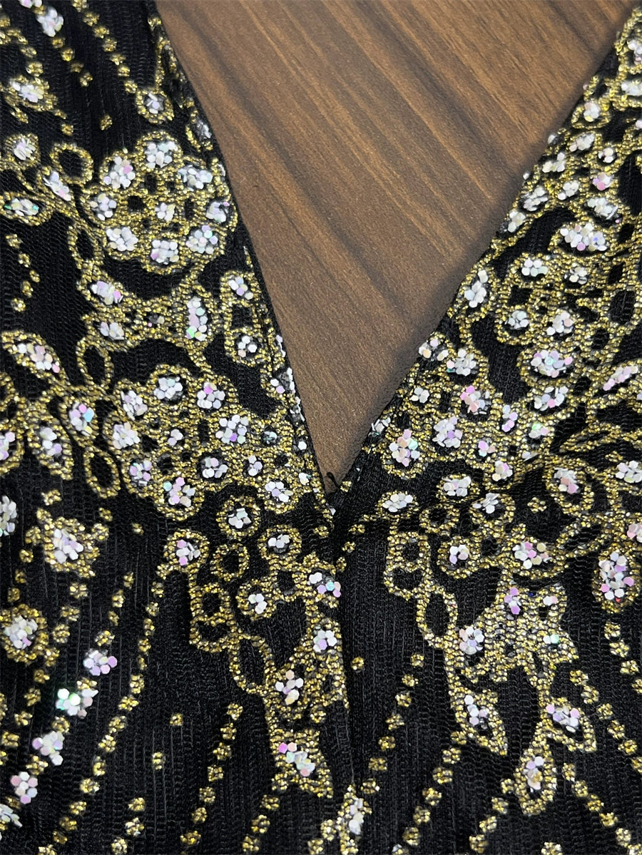 black sequins flower deep V backless mini dress