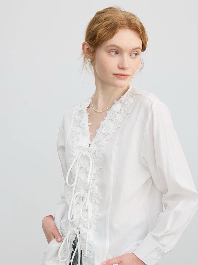 French V-neck tie-up lace embroidered jacquard shirt