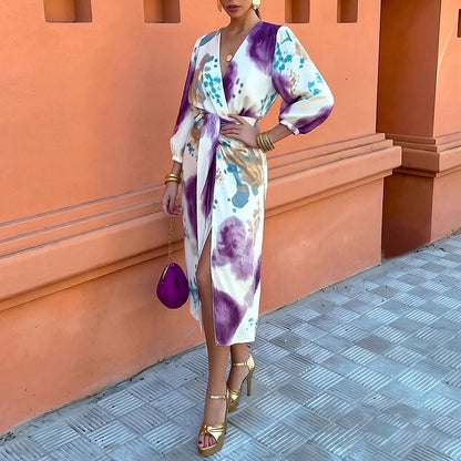 purple print V-neck puff sleeve waist skirt set