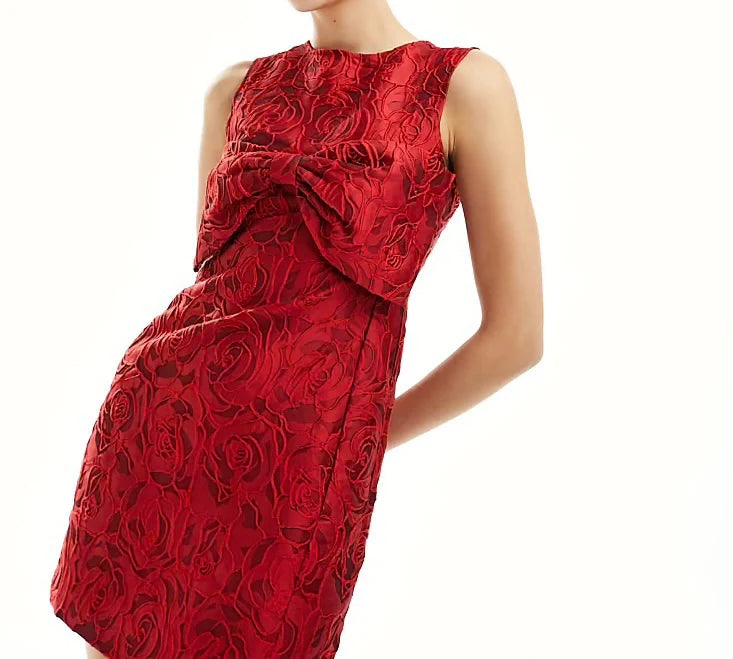 burgundy bow jacquard mini dress