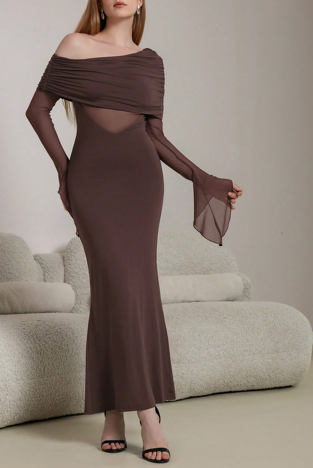 brown one-shoulder long-sleeved maxi dress