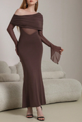 brown one-shoulder long-sleeved maxi dress