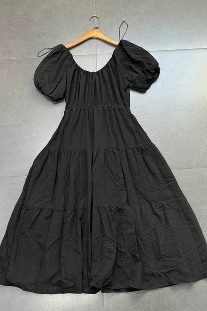 black U-neck bubble short sleeve elastic waist A-line dress