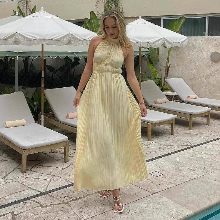 Backless tie-waist pleated long dress