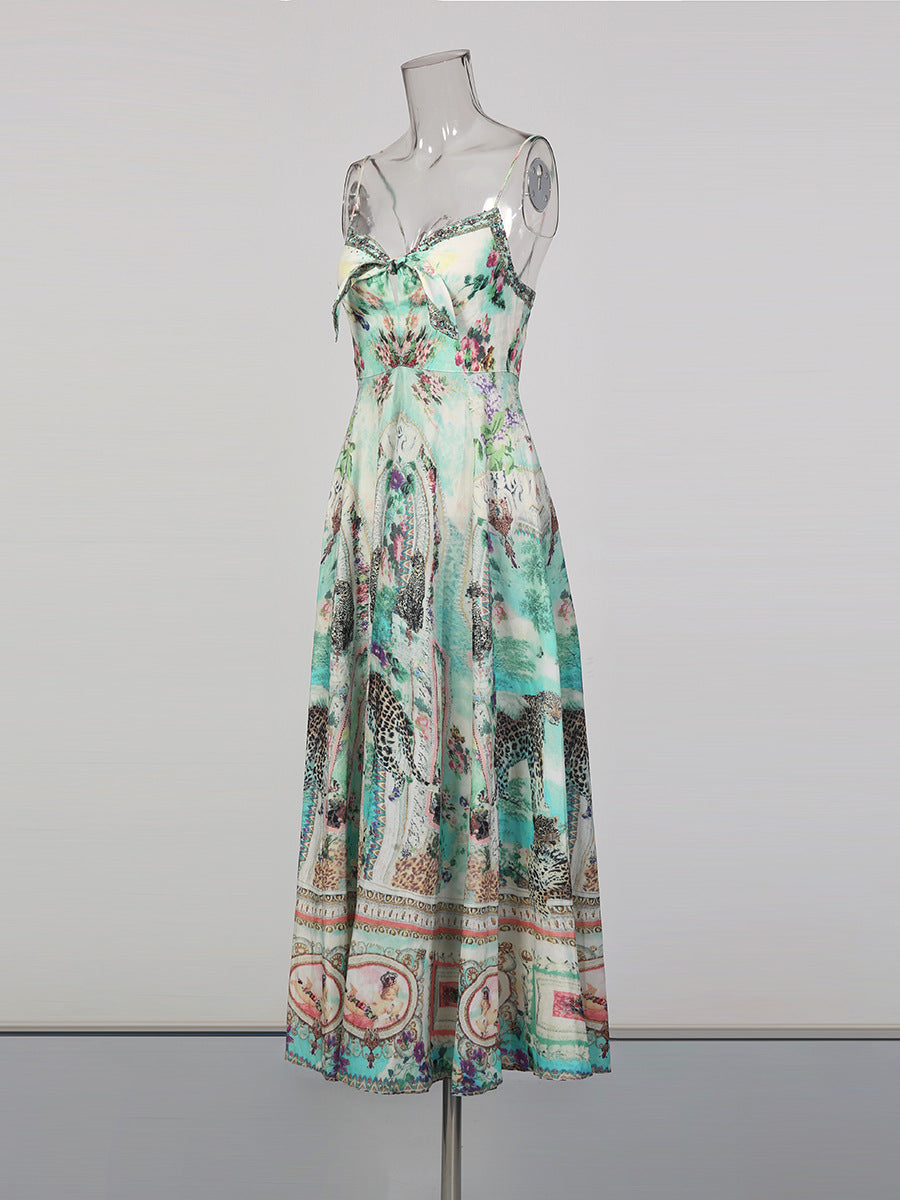 Bohemian print ruffled hem maxi dress - green