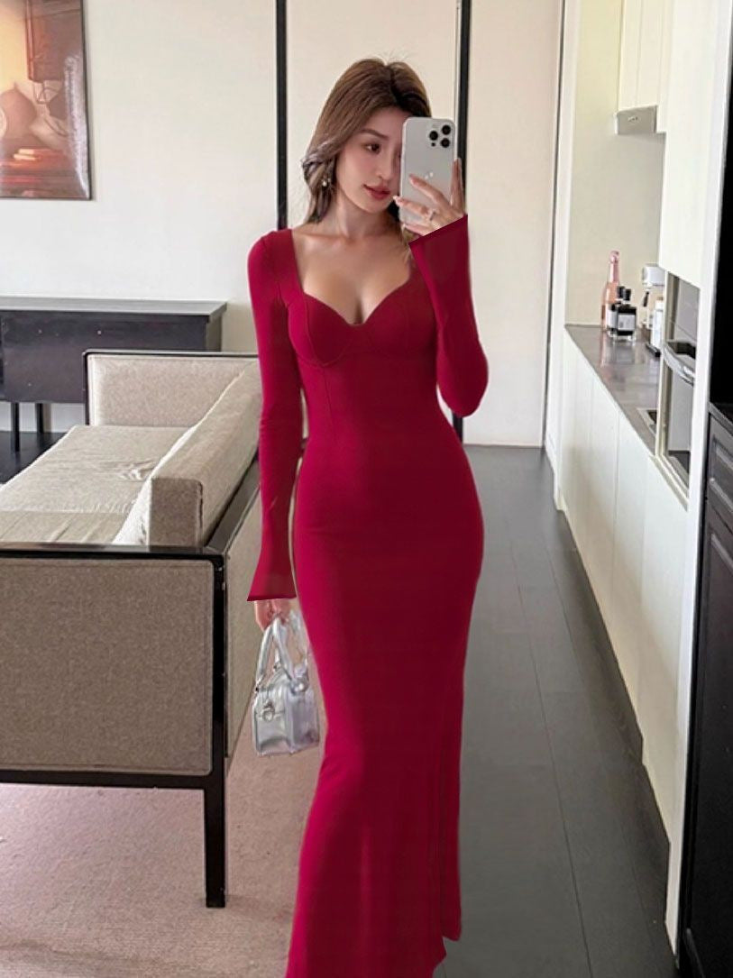 red V-neck backless slit mesh sheer long-sleeve patchwork dress