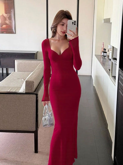 red V-neck backless slit mesh sheer long-sleeve patchwork dress