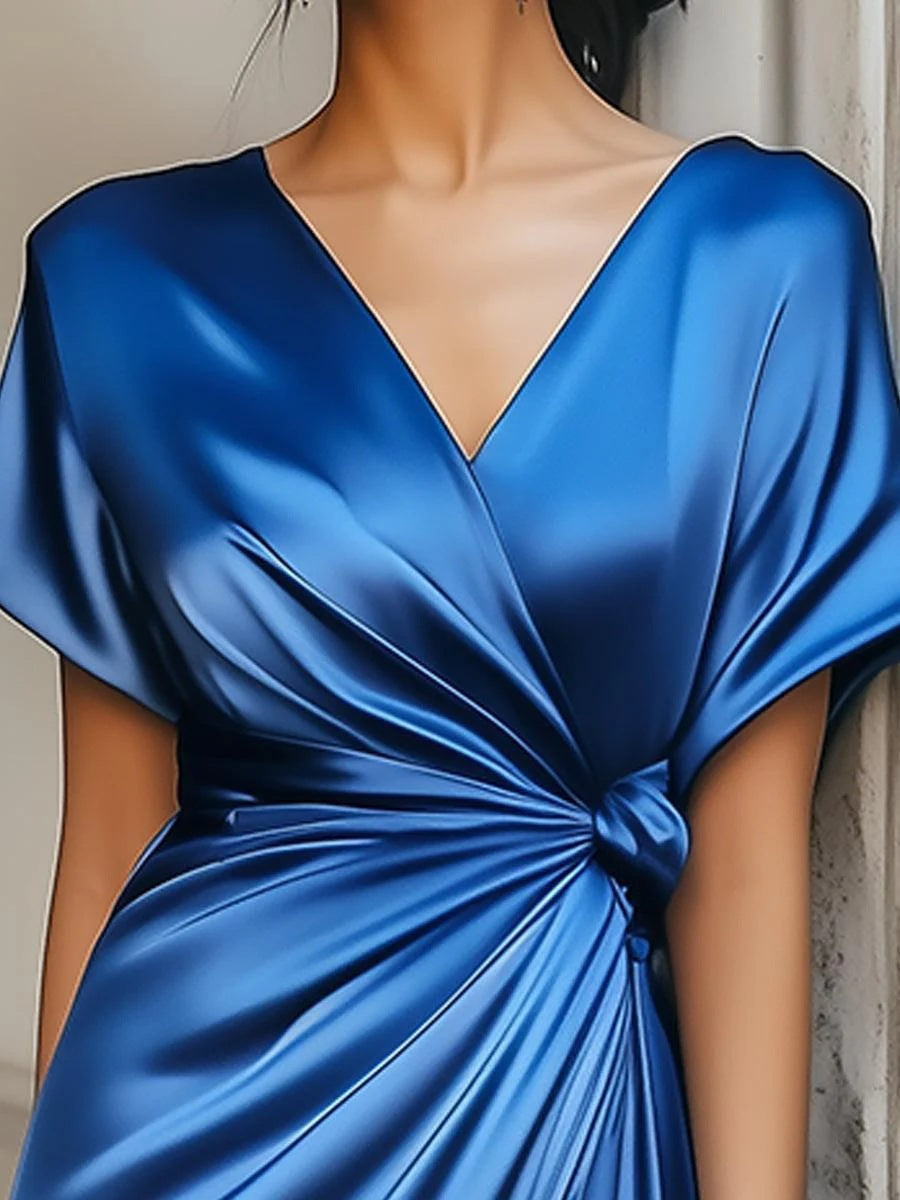 lara blue Satin V-Neck Short Sleeve maxi Dress