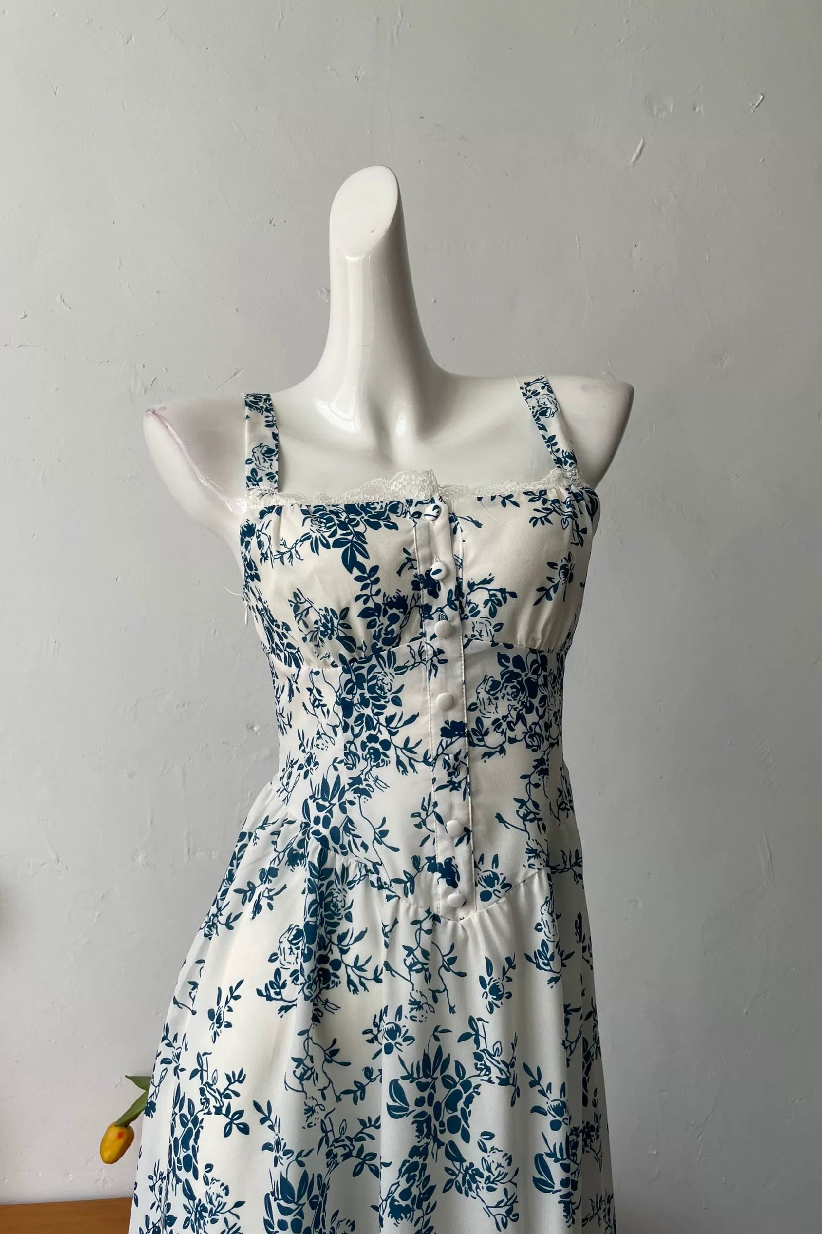 blue floral square neck vest dress