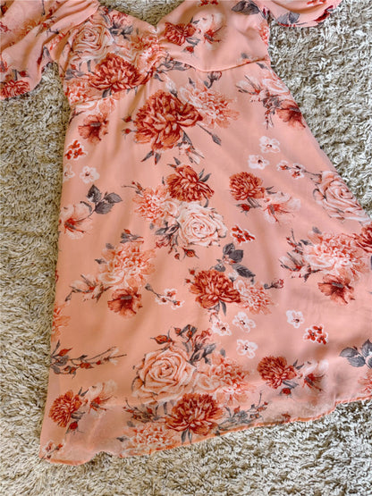 floral bow tie backless lantern sleeves dress
