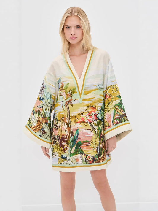 Vacation v-neck print long-sleeved mini dress