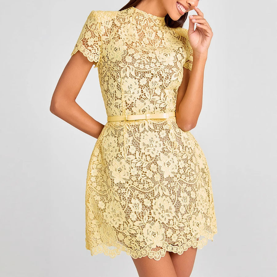 Yellow round neck lace trim mini dress