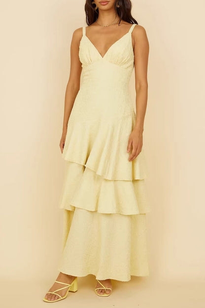 yellow suspender V-neck maxi dress