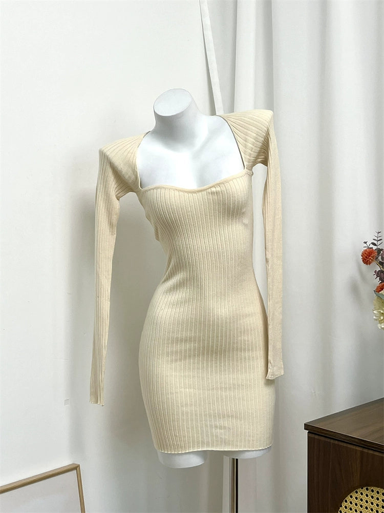 beige square neck knitted mini dress