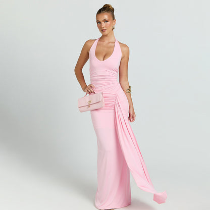 pink deep V halterneck open back streamer dress
