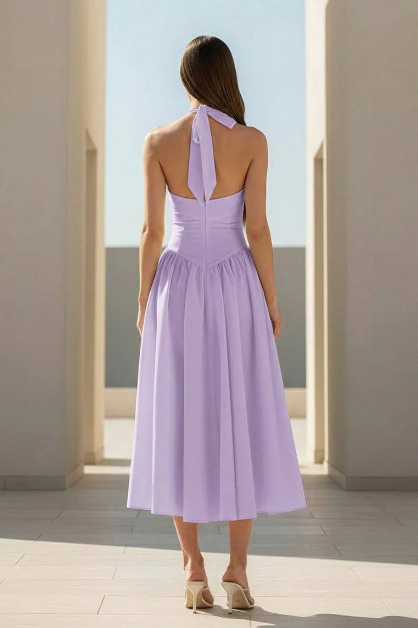 purple Halter Strappy Backless midi Dress