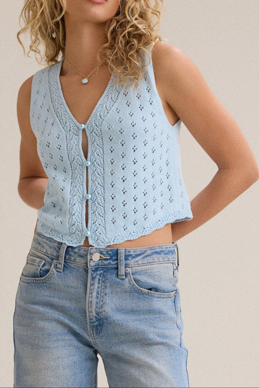 cut-out high-gloss gloss pearl button embellishment V-neck vest