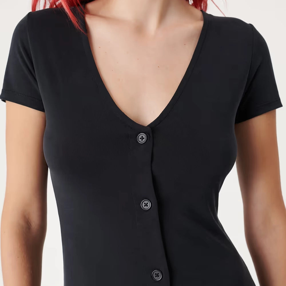 black V-neck short-sleeved knitted dress