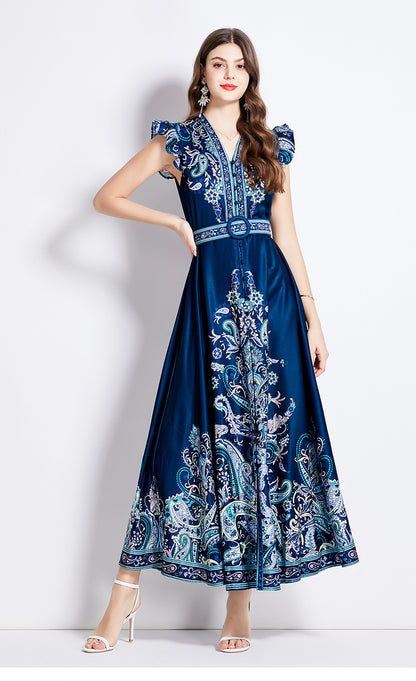 Printed V-neck lantern sleeve single-breasted dress