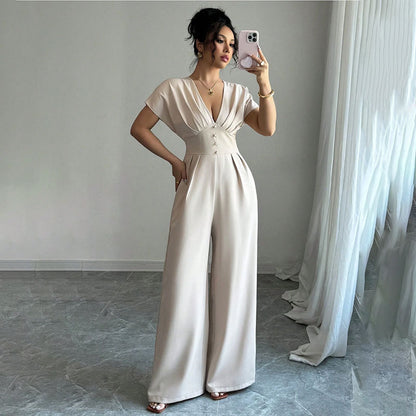 apricot V-neck short-sleeved waist wide-leg jumpsuit
