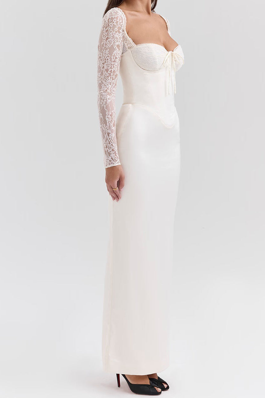 Bodycon lace long-sleeved slim-fit maxi dress - white