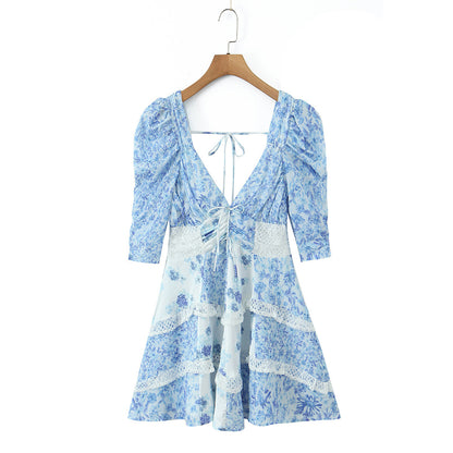Floral lace patchwork deep V-neck puff sleeves mini dress