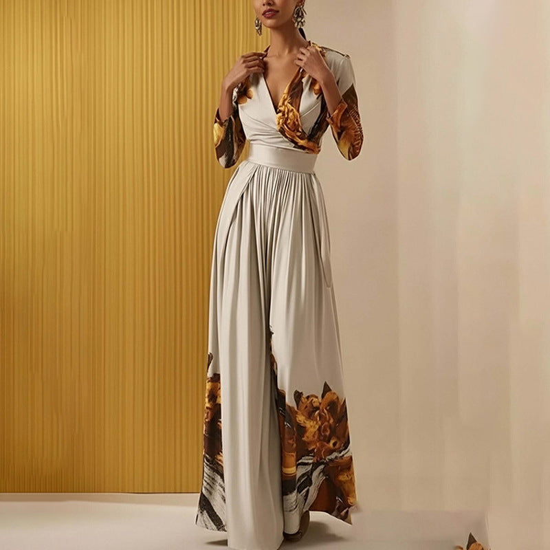 V-Neck Print Pleated Wide-leg Jumpsuit