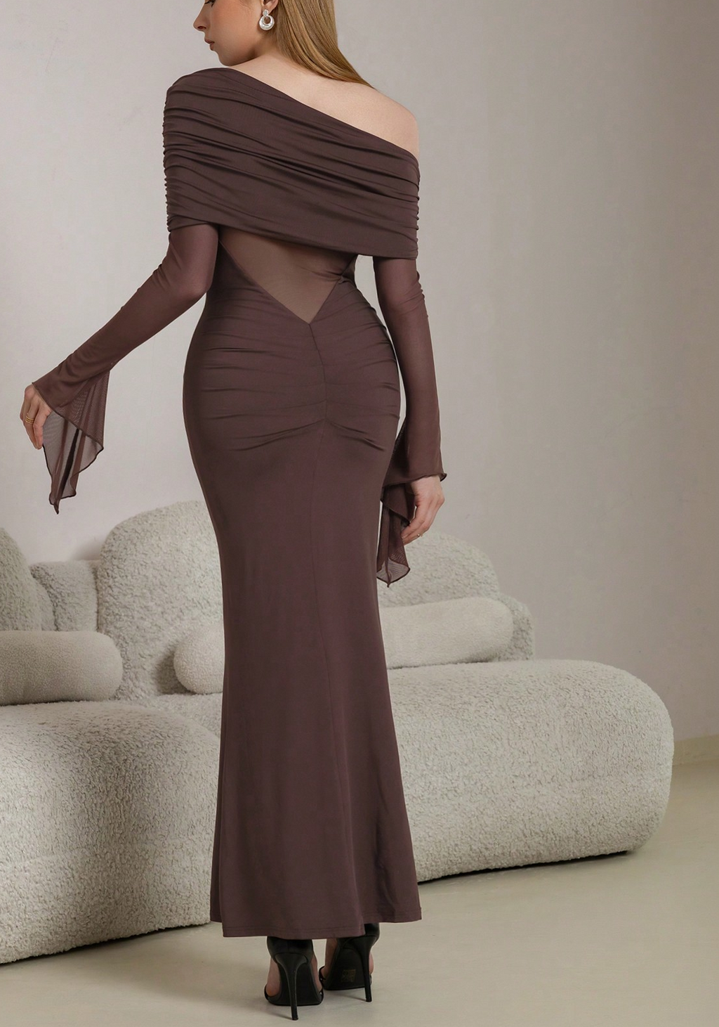 brown one-shoulder long-sleeved maxi dress
