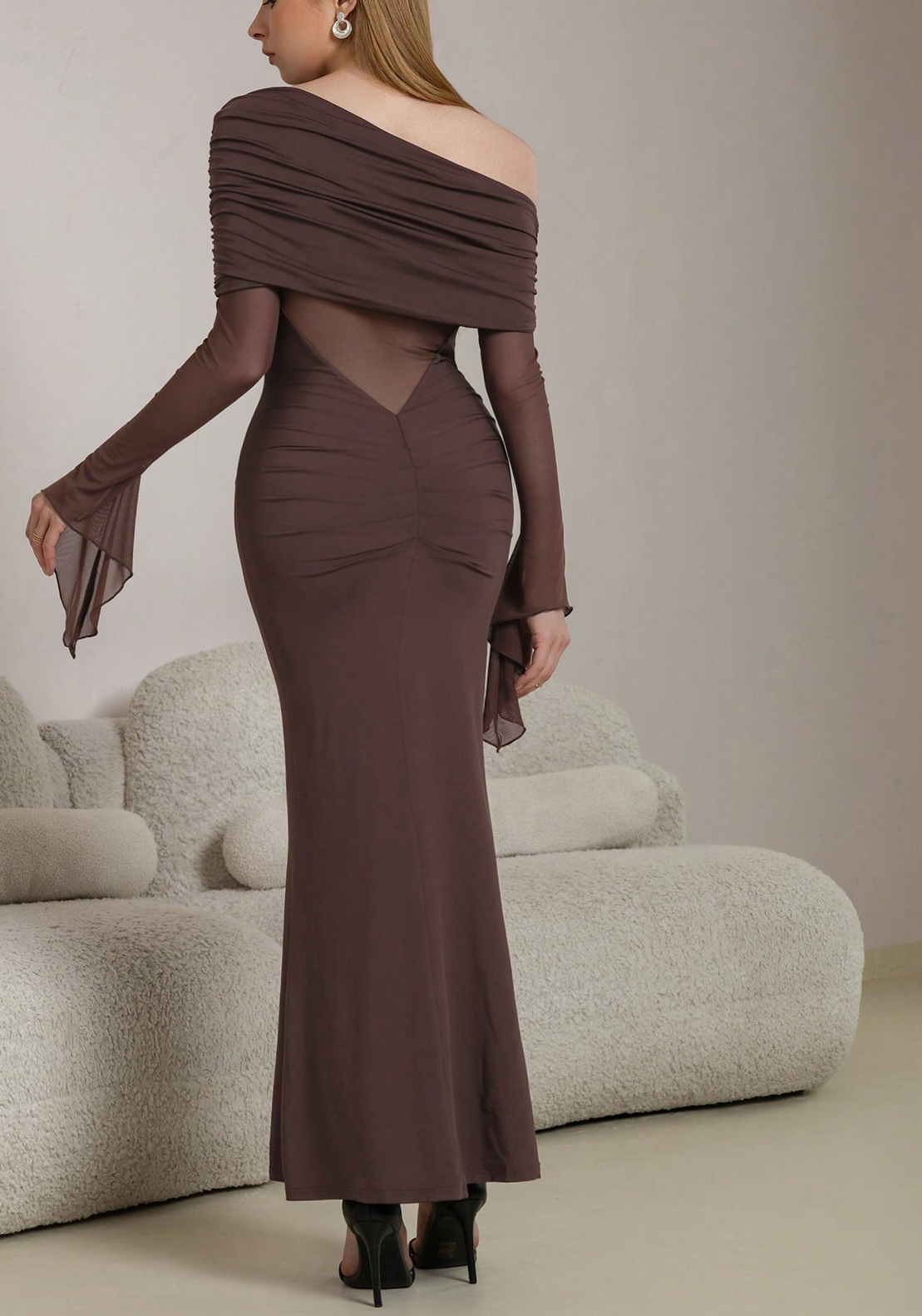 brown one-shoulder long-sleeved maxi dress