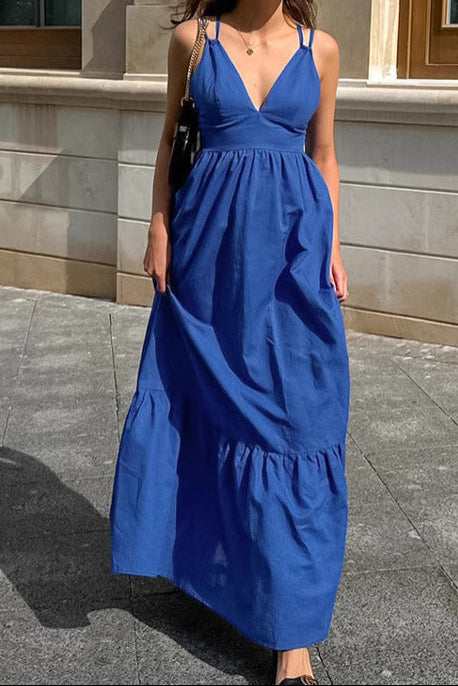 Blue V-neck camisole linen A-line maxi dress