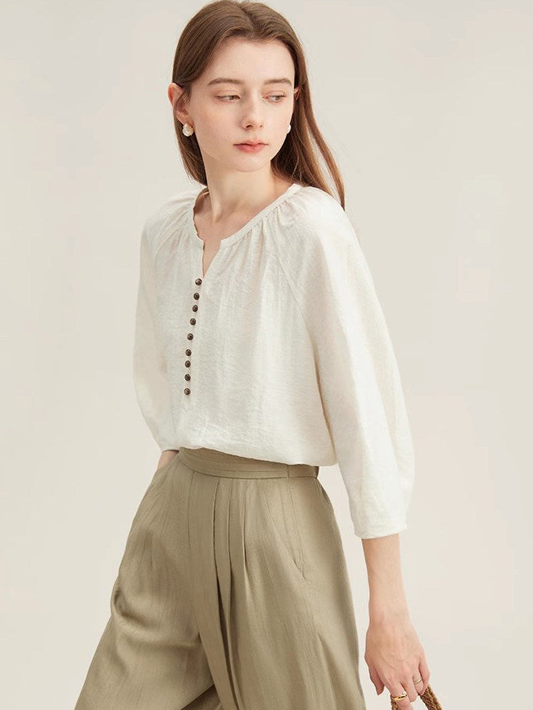 Retro round neck three-quarter sleeve linen shirt