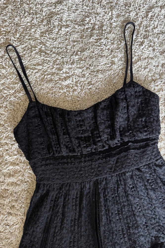 BLACK LACE RUFFLED CINCHED WAIST SLIP DRESS