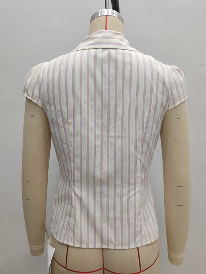 pleated striped buttoned short sleeve shirt
