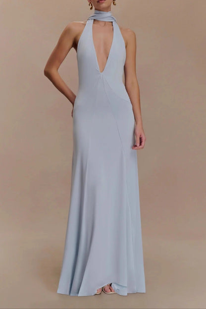 deep V-neck streamer halterneck  pleated open back dress