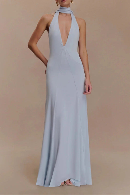 deep V-neck streamer halterneck  pleated open back dress