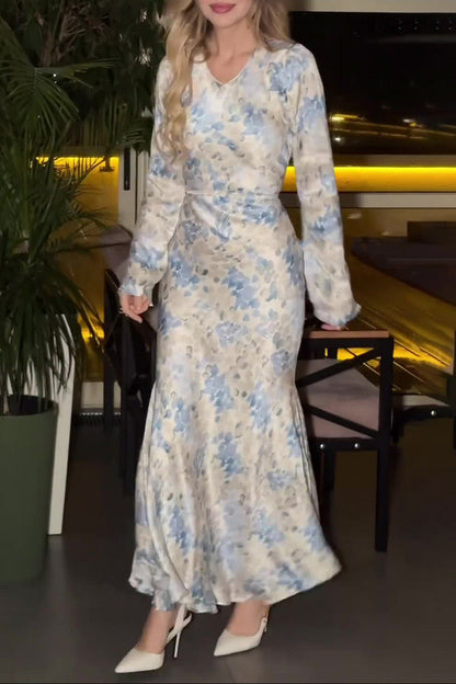 blue Satin floral Print maxi Dress