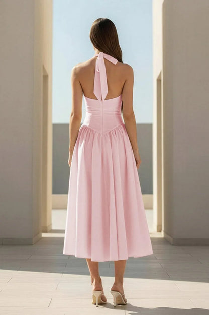 pink Halter Strappy Backless midi Dress