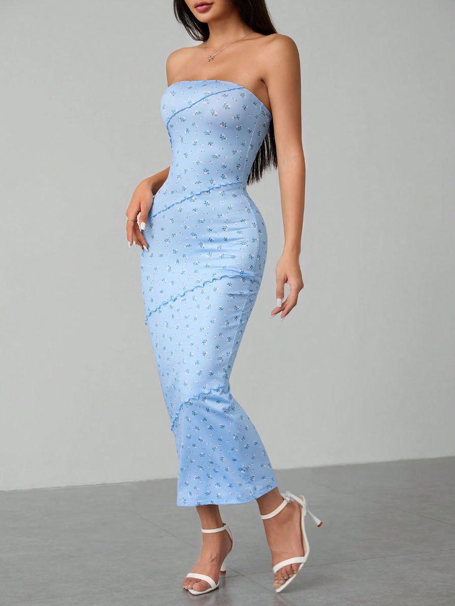blue Floral strapless lace bodycon backless dress