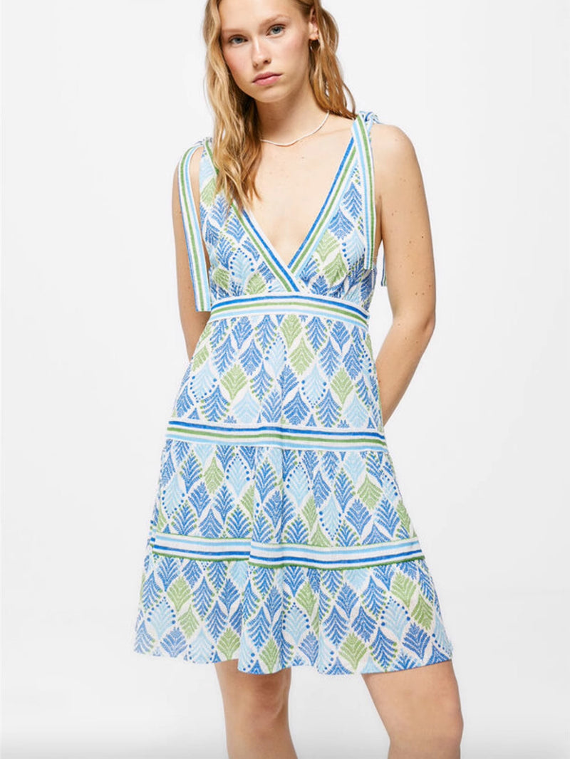 floral bow strap V-neck backless waist dress