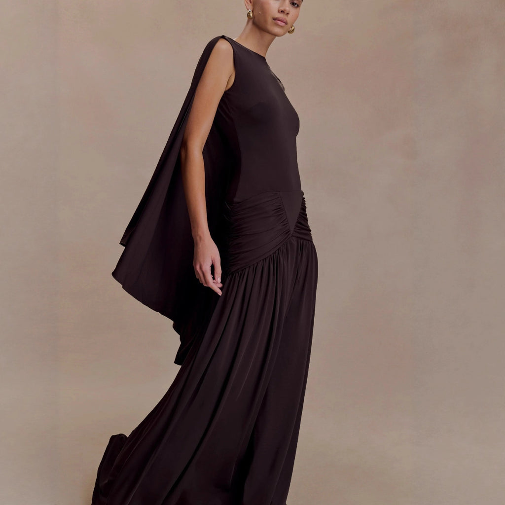 open back cape pleated maxi dress
