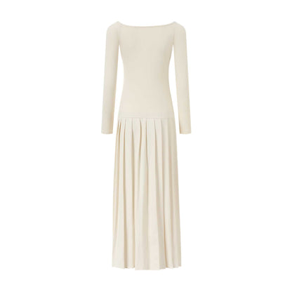 white Off-Shoulder Long-Sleeve Slit Pleated Dress