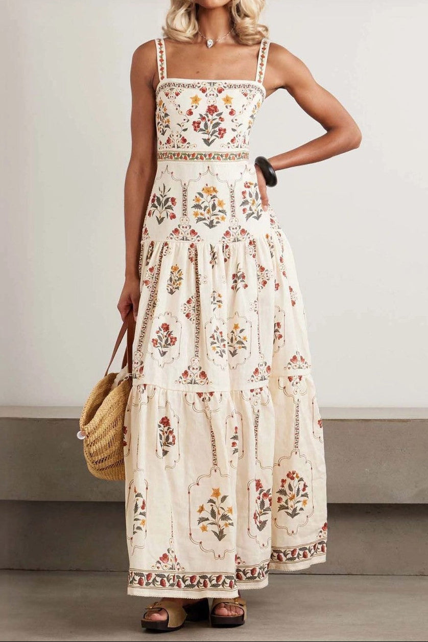 Bohemian square neck floral Print maxi dress - beige