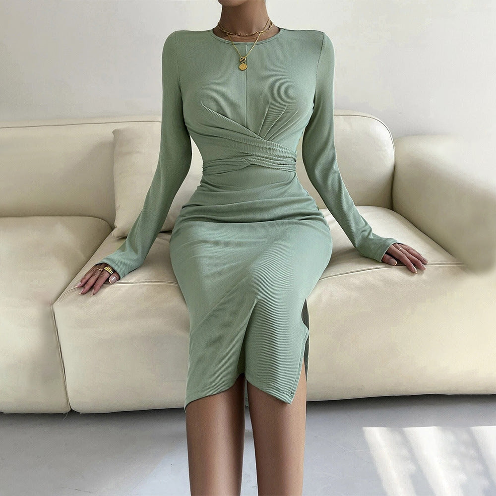 sandy Round neck long sleeve bodycon midi dress