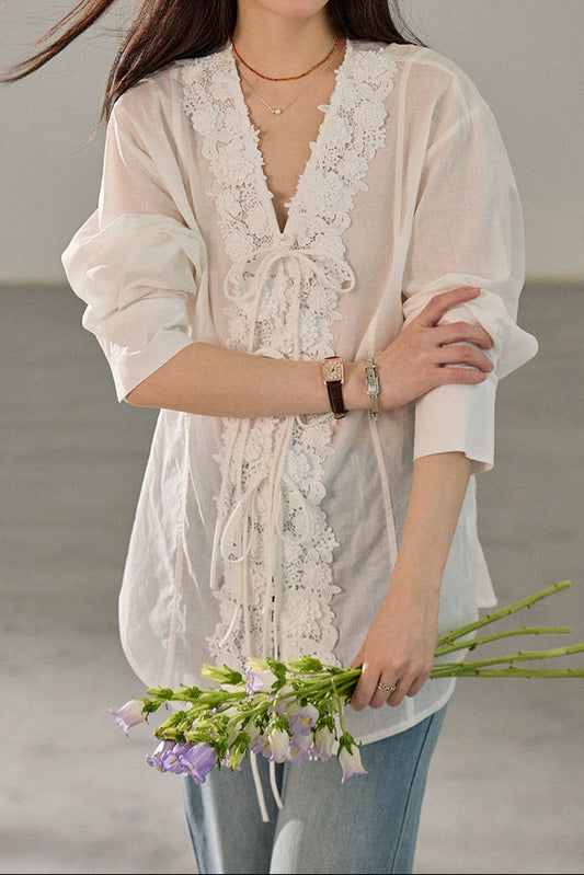Retro V-neck lace embroidered Tencel shirt
