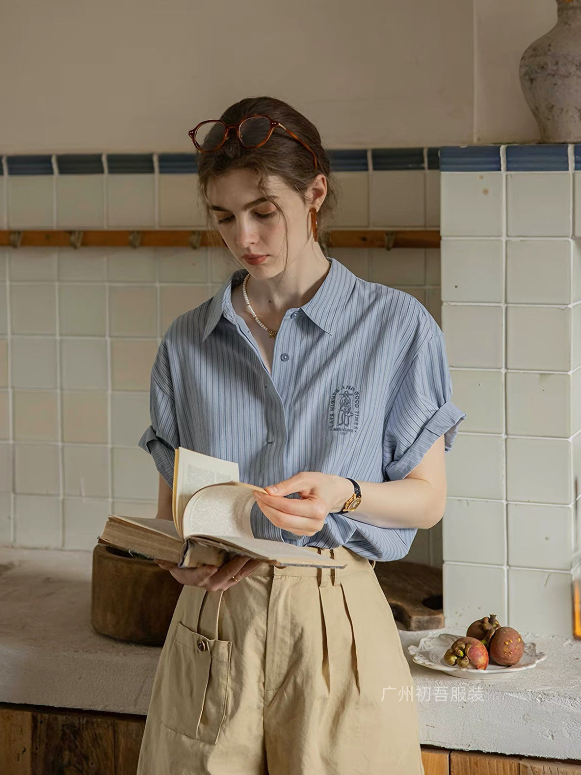 blue embroidery casual versatile short sleeve striped shirt