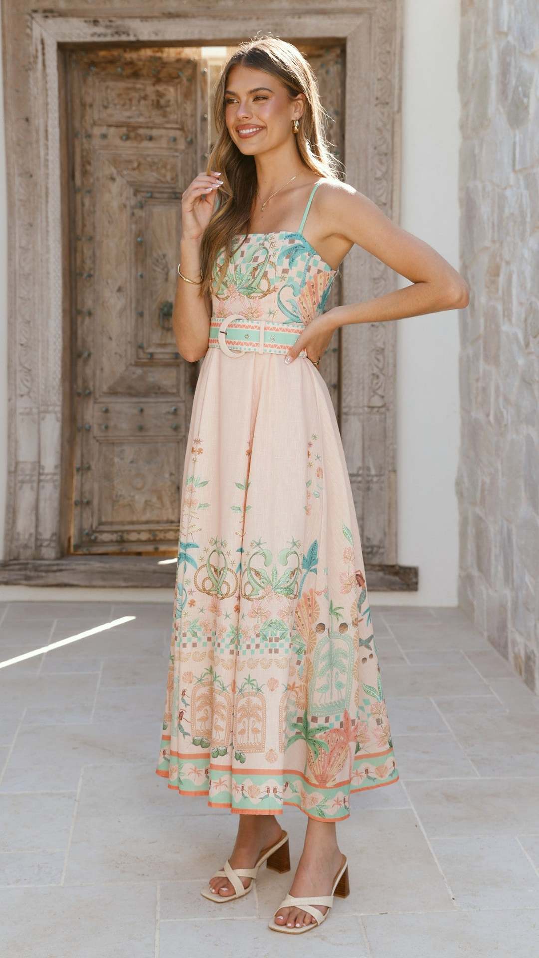 pink large swing floral linen sleeveless slip dress