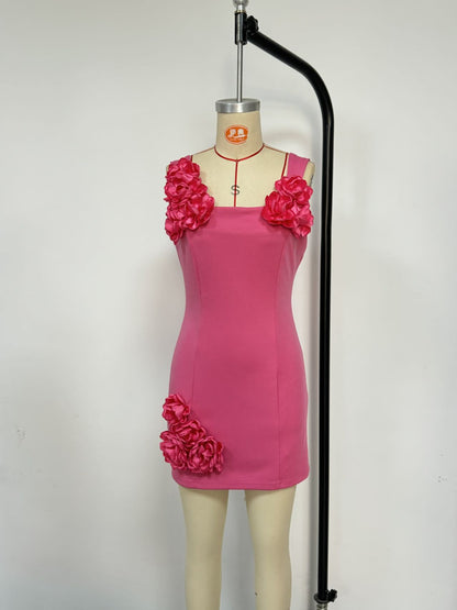 pink flower spaghetti strap sleeveless backless A-line dress