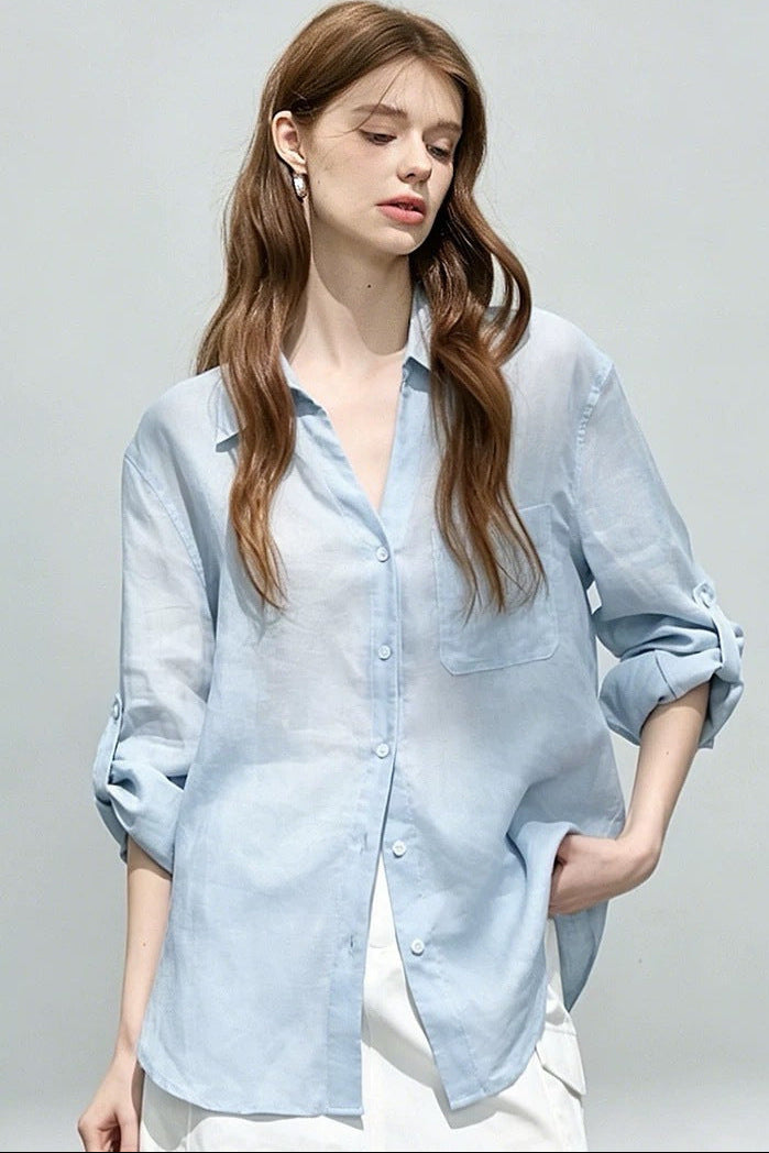 Loose-fitting lapel ramie long-sleeve shirt