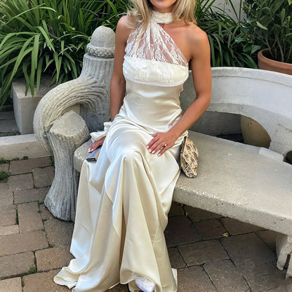 white halterneck lace patchwork satin dress